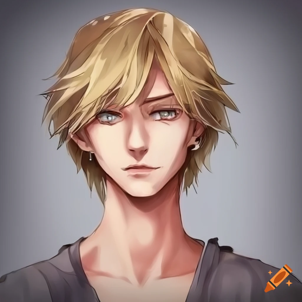 Blond-haired young man with gray eyes and plump lips in anime style on ...