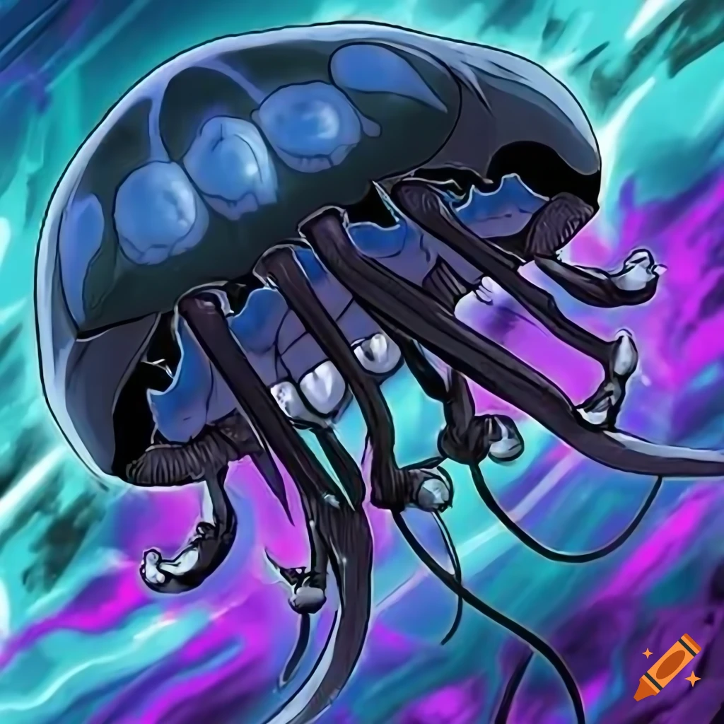 Small black jellyfish in a clear blue ocean with yugioh art style on