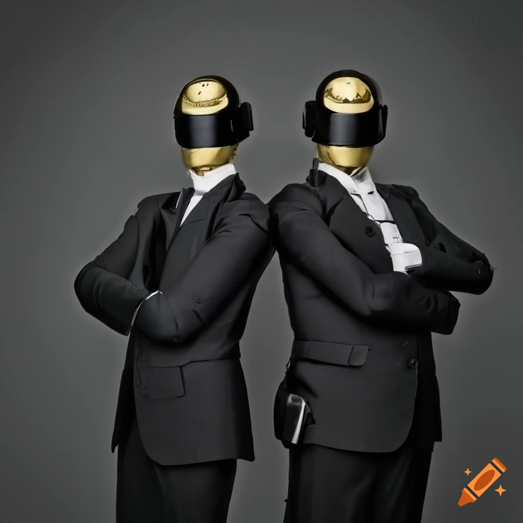 Two men in black suits with arms crossed and wearing watches on Craiyon