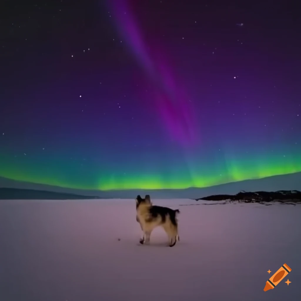 Husky on barren landscape under the northern lights