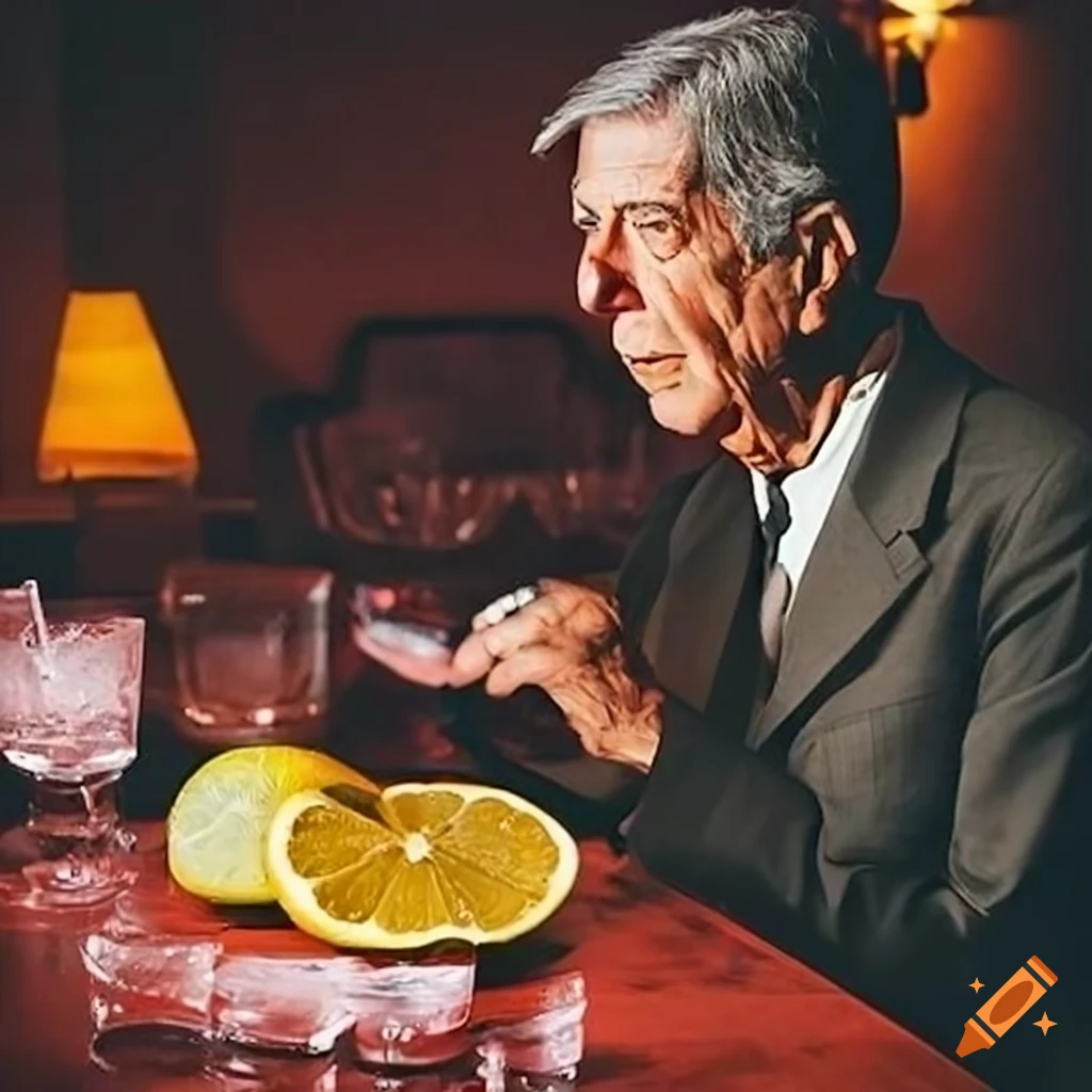 Leonard cohen preparing his signature cocktail "the red needle" on Craiyon