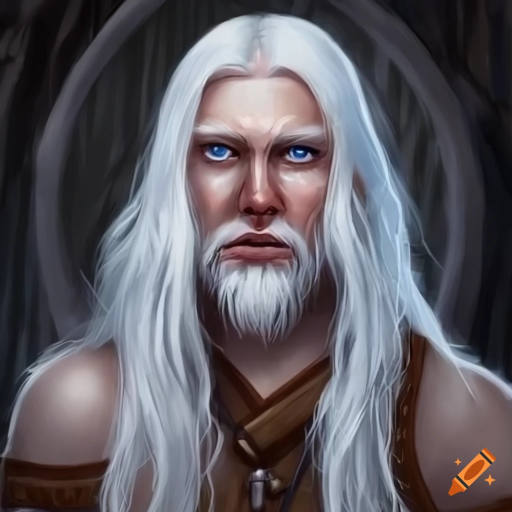 Portrait of a slavic barbarian with long white hair, blue eyes, and a ...