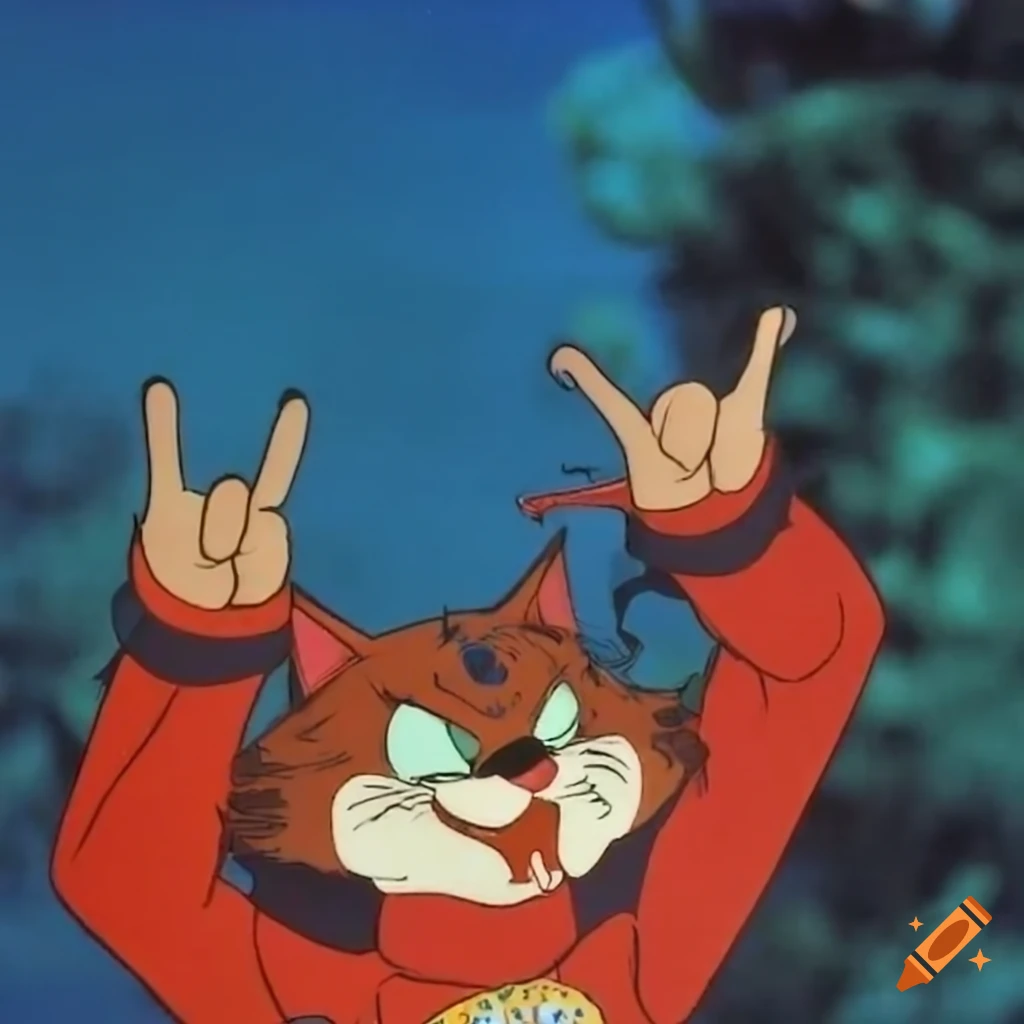 Cartoon wildcat in blue flight suit doing a peace sign with tired expression, circa 1993