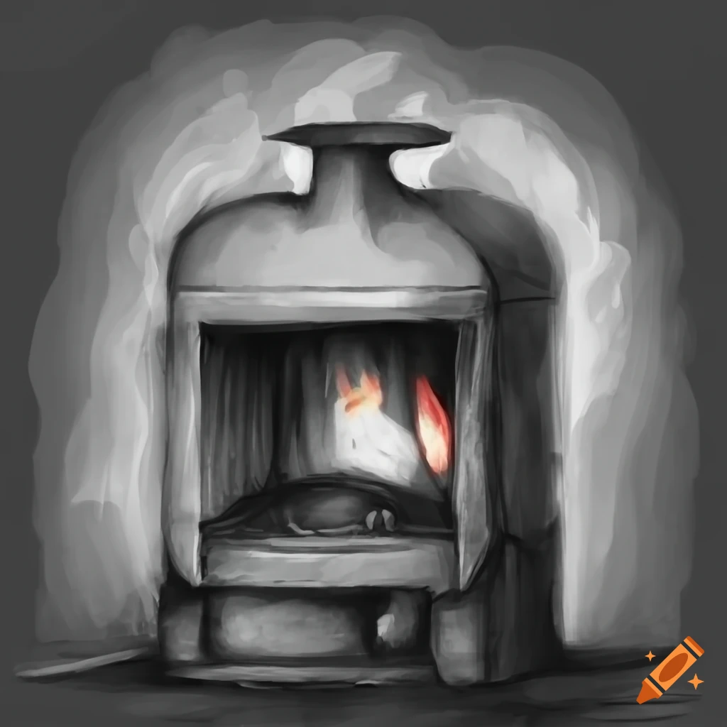 Pencil drawing of a furnace in black and white on Craiyon