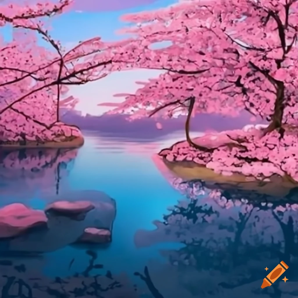 Japanese cherry trees by saltwater lake on Craiyon