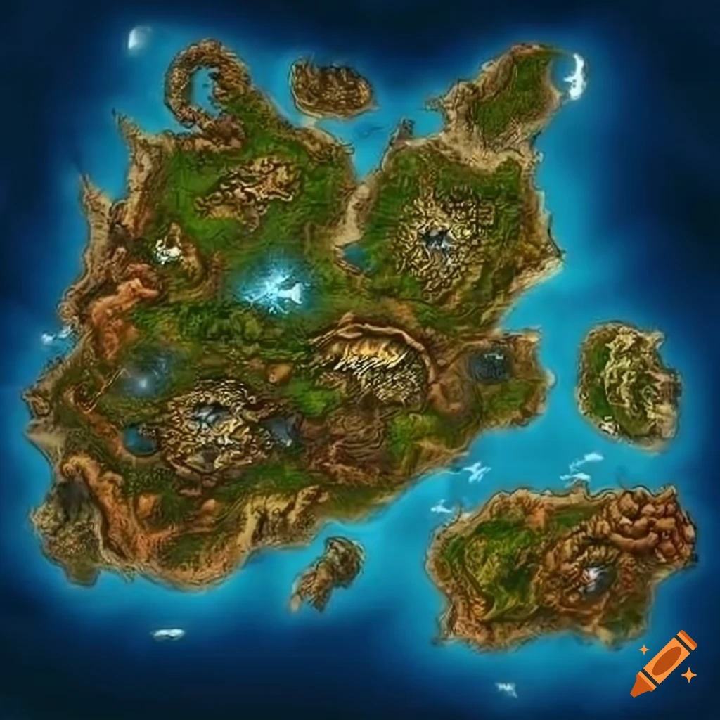 Fantasy world map with continents like land of fire, land of wind, land