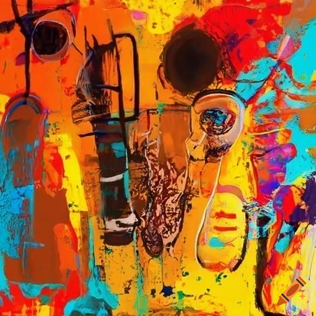 Abstract painting with vibrant colors, graffiti, and textured patterns ...