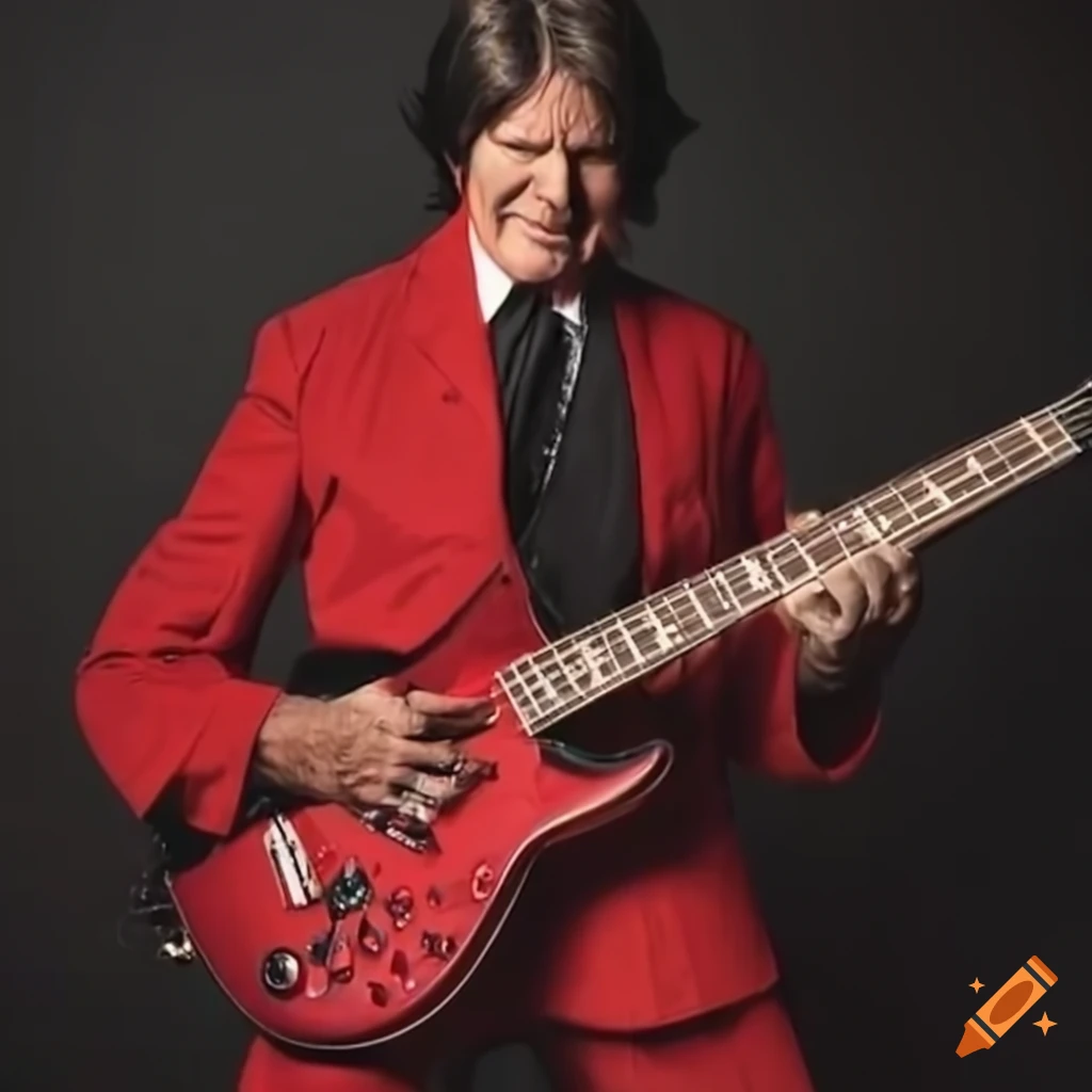 Musician John Fogerty playing a red and black bass guitar