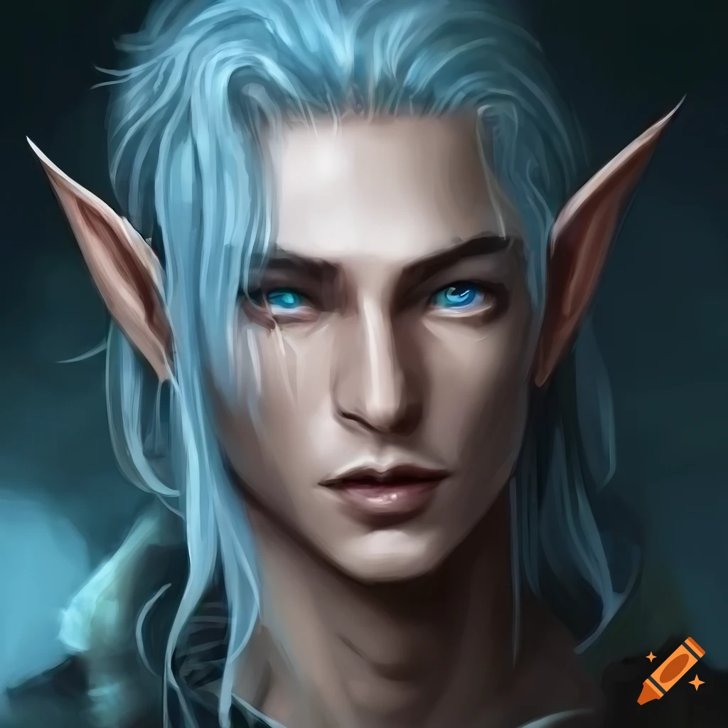 Detailed illustration of a fit young high-elf male with blue hair and ...
