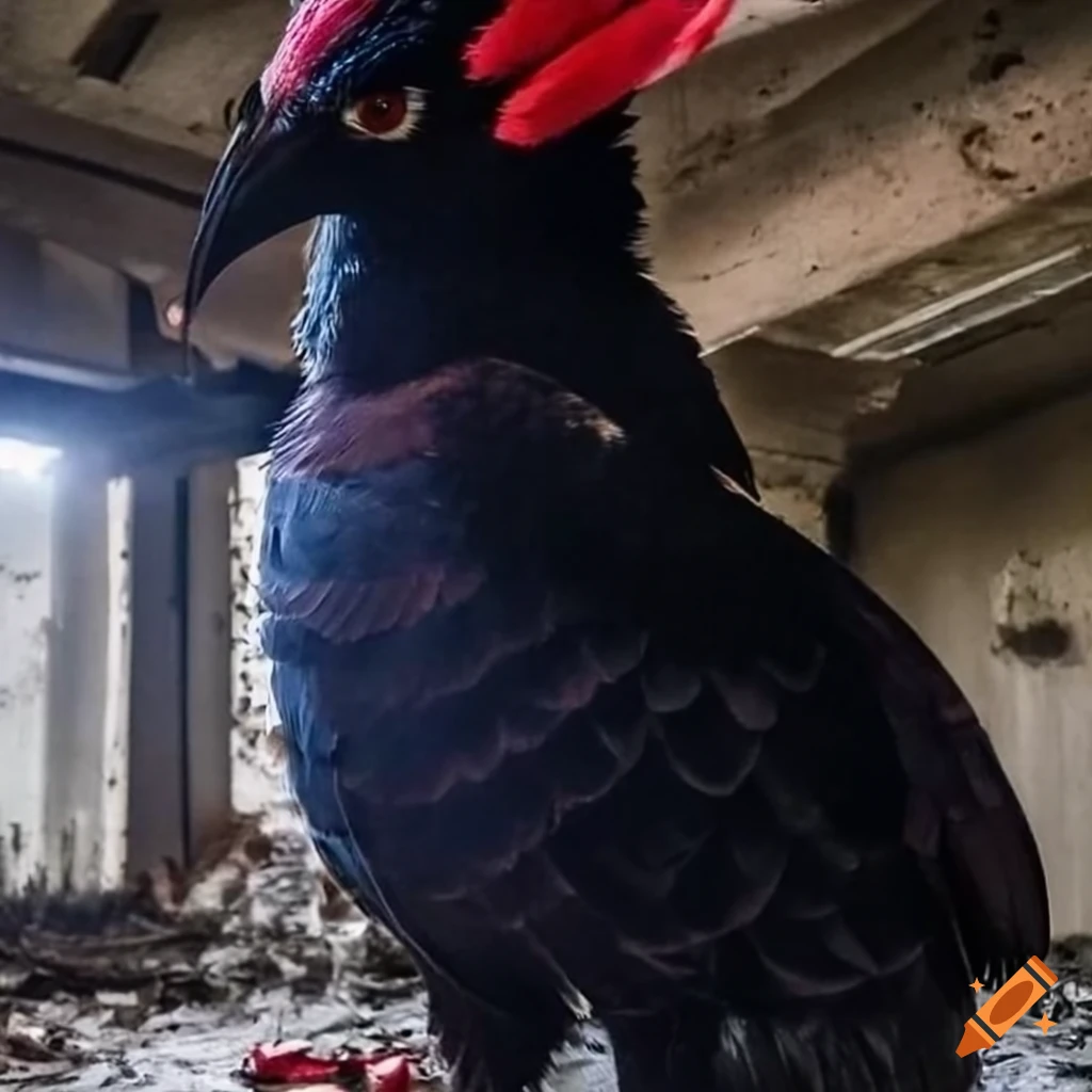 Lifelike Xatu bird perched in an abandoned mall garage at night