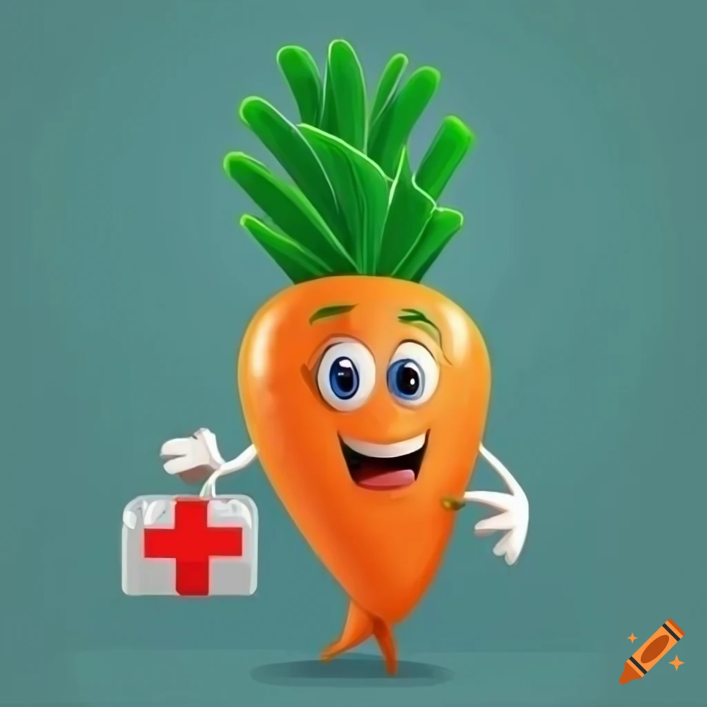 Cartoon carrot in nurse uniform with first aid kit and green hair