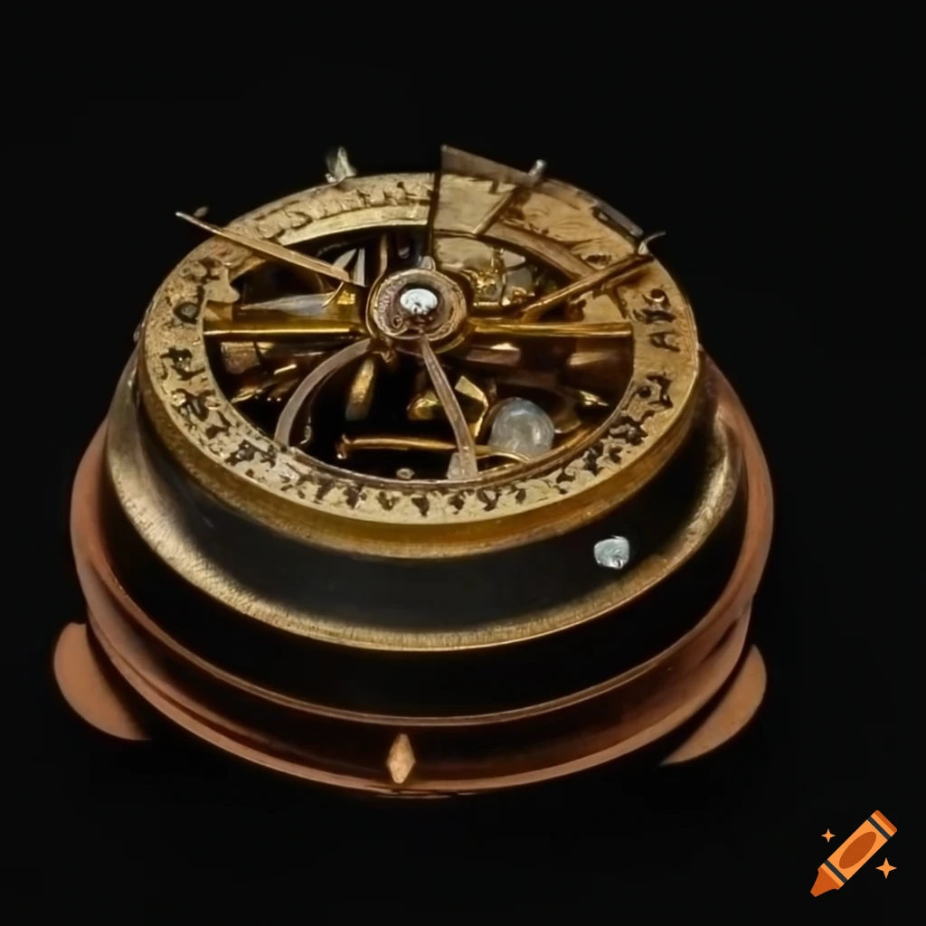 Intricate brass clockwork mechanism with red gem under glass dome on