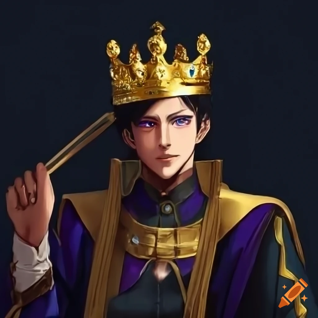 Young king with purple eyes and golden crown in military uniform on Craiyon