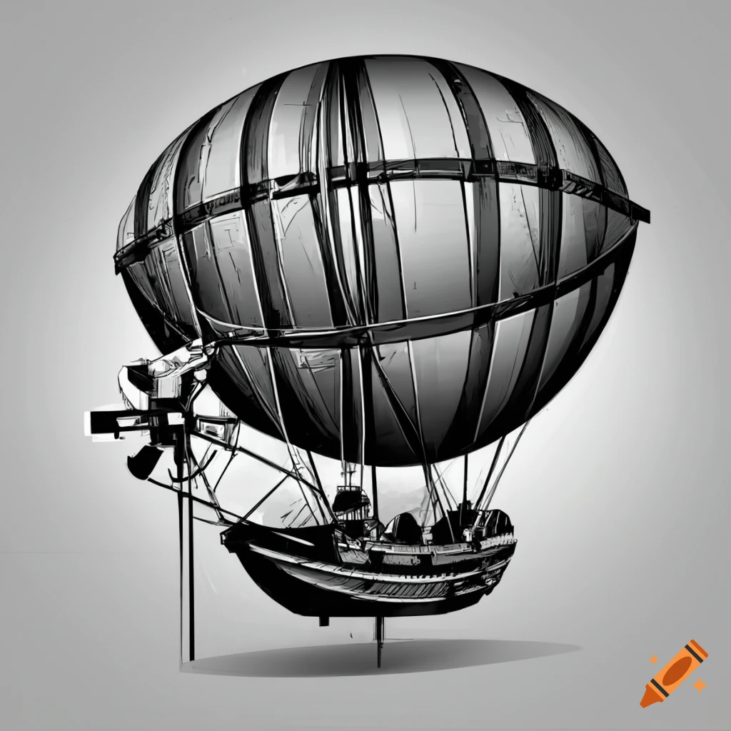 Vintage airship with wooden ship design and turbines in black and white vector