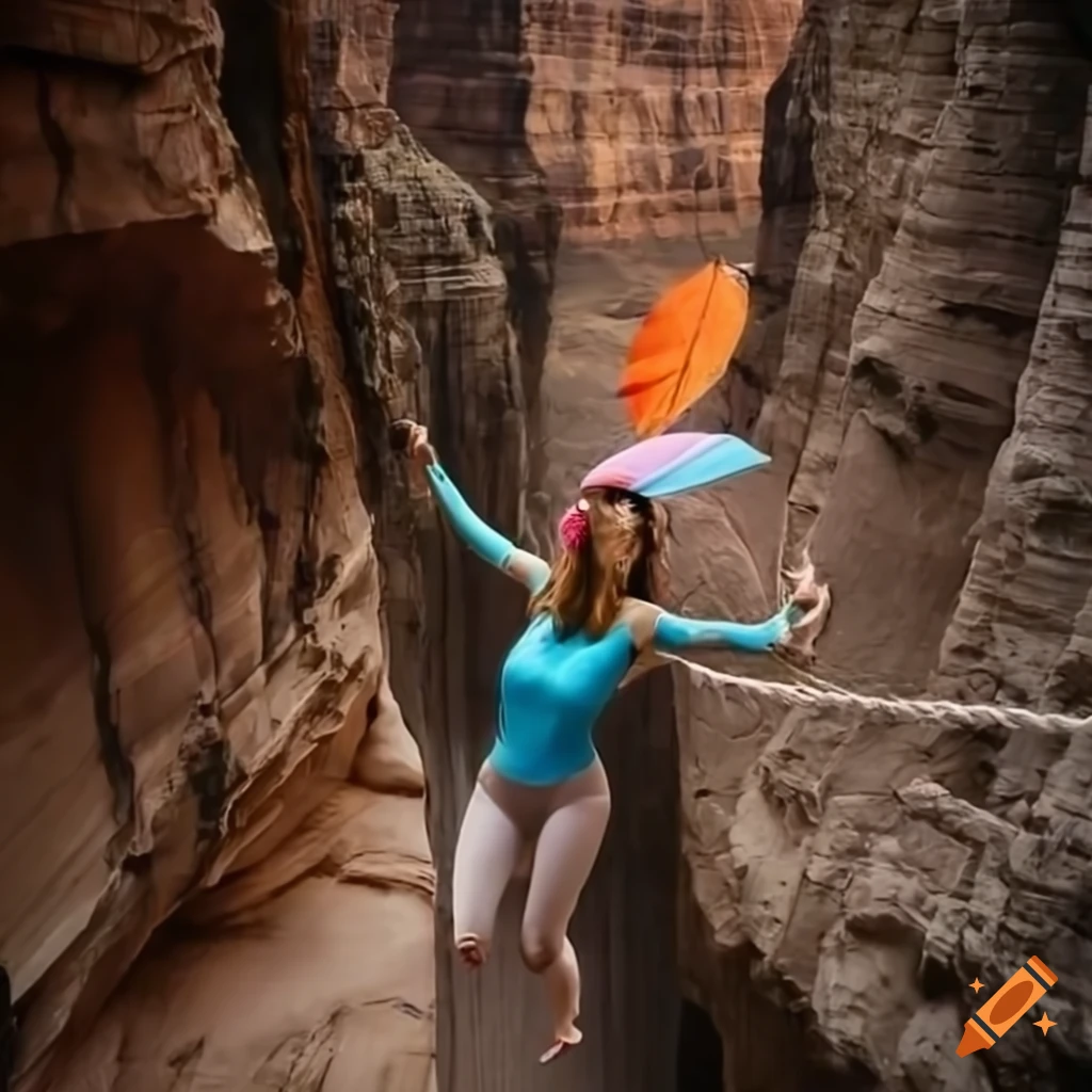 Determined young woman balancing on a tightrope with a colorful umbrella above a deep canyon