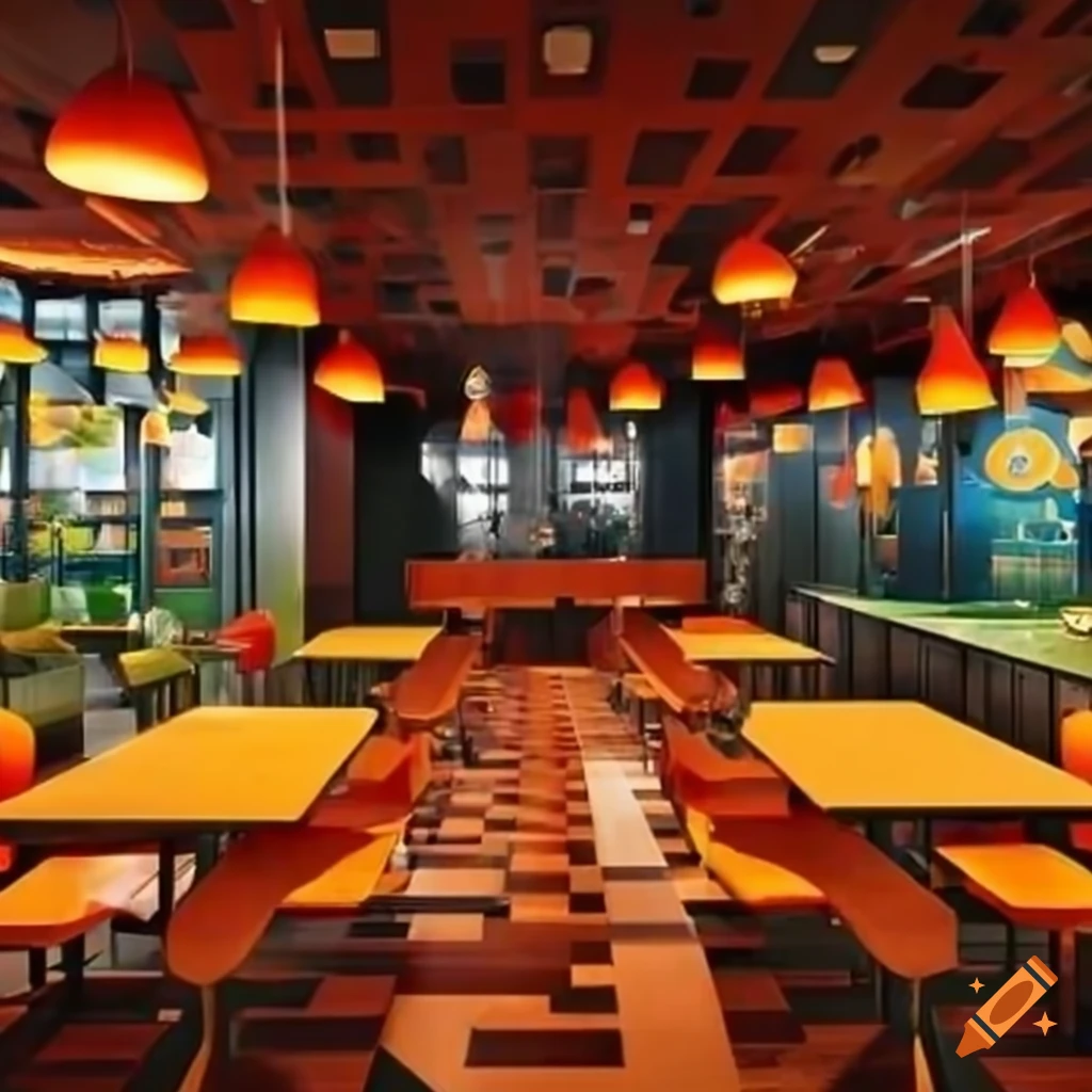 Vibrant, modern interior design of a mcdonald's restaurant on Craiyon