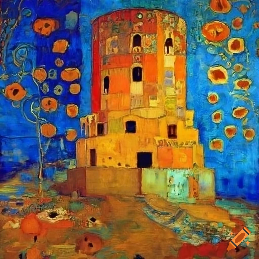Abstract artwork featuring squares in blue with elements of old towers and poppies