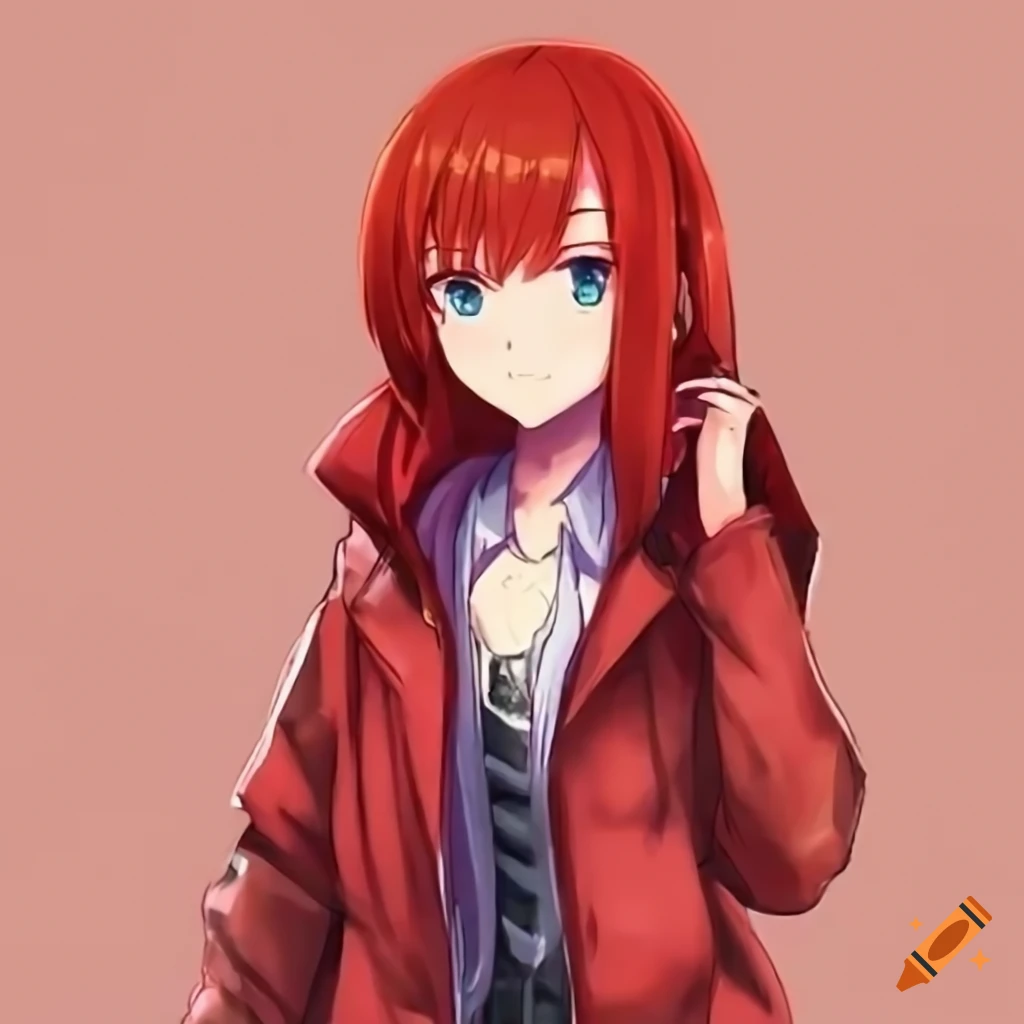 Red haired girl wearing a jacket in anime style on Craiyon