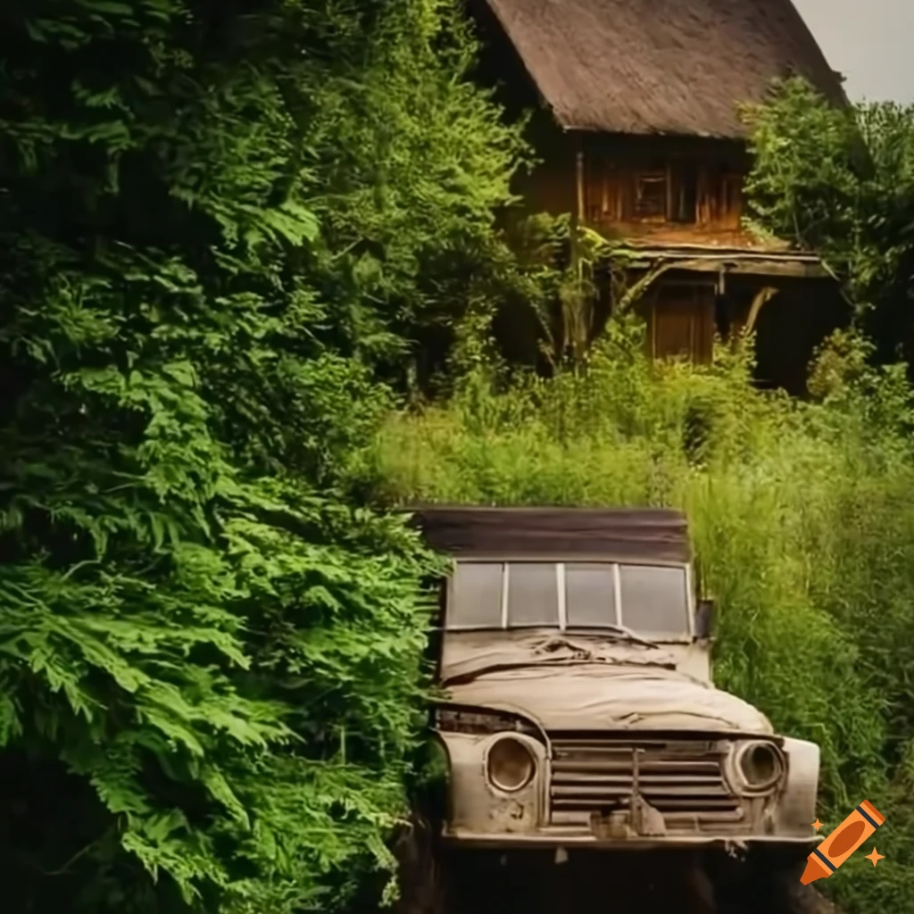Rustic countryside home surrounded by lush greenery with vintage off-road vehicle