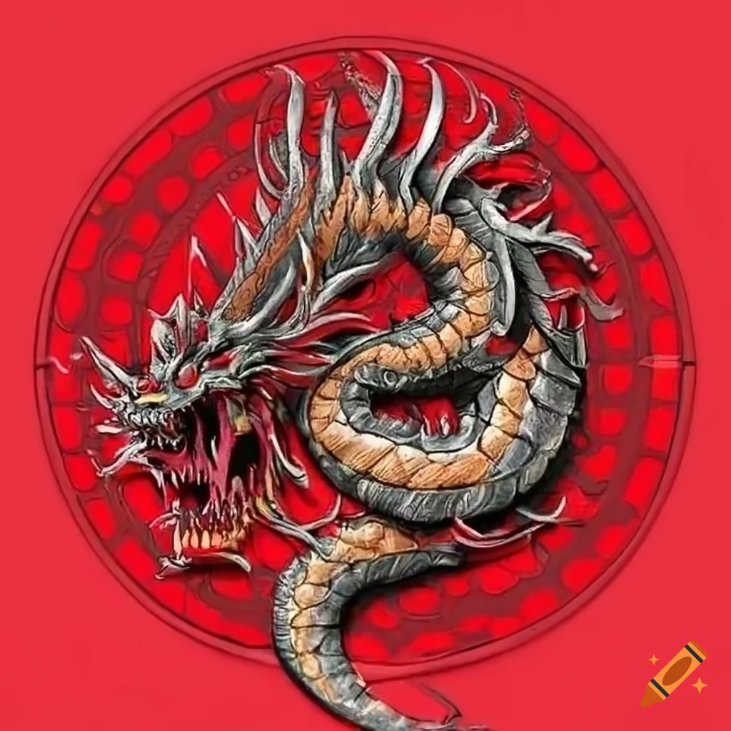 Japanese heavy metal dragon with red circular background on Craiyon