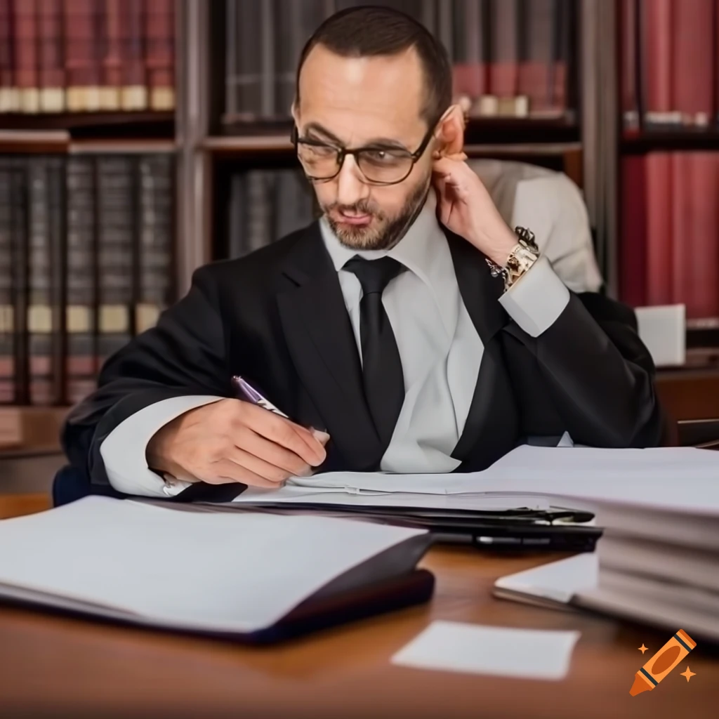 Diligent doctorlawyer reviewing case information in a law library on