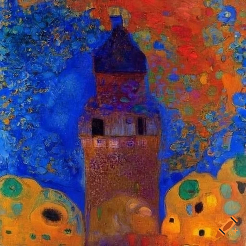Abstract artwork featuring squares in blue with elements of old towers and poppies
