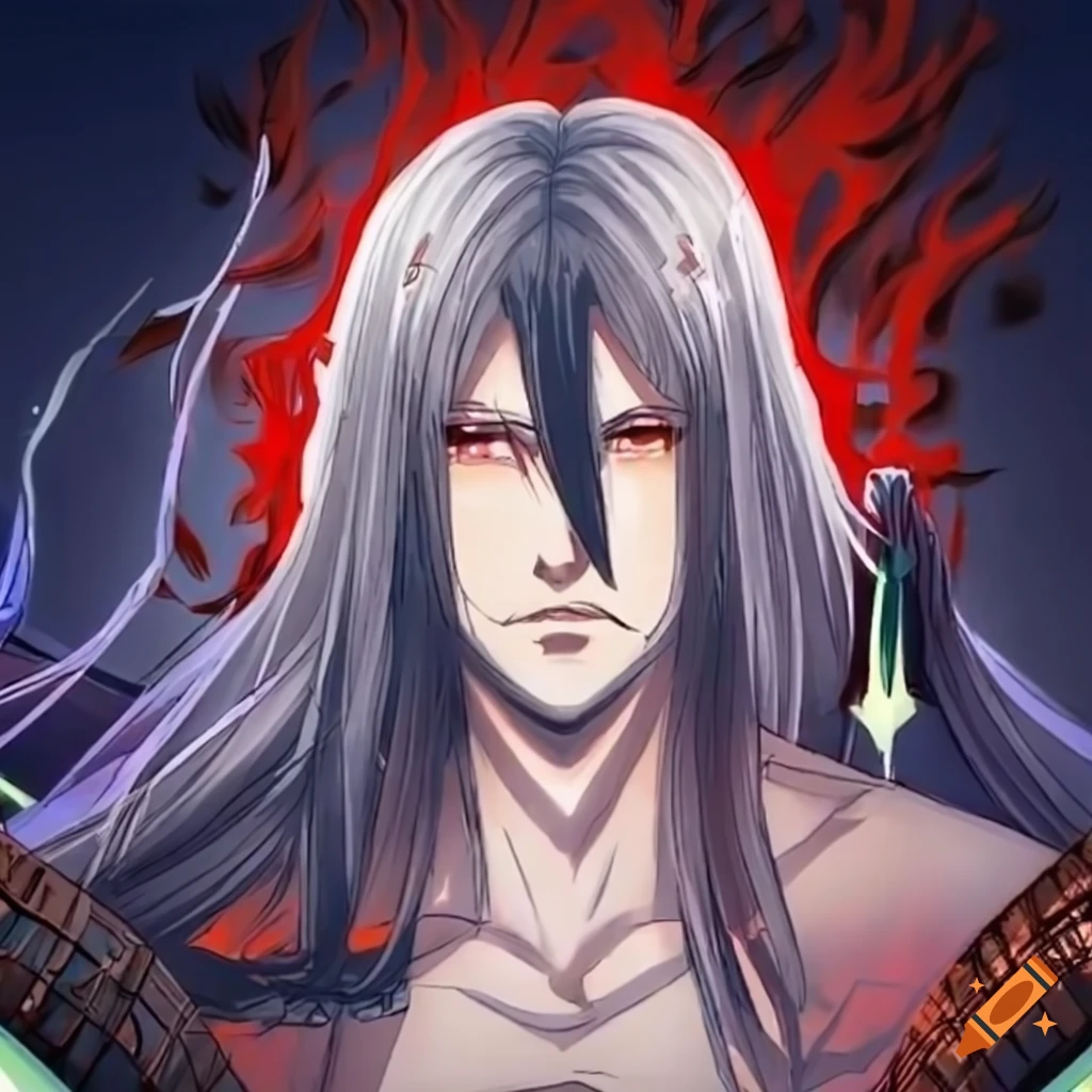 Izanagi with long silver hair and gold eyes