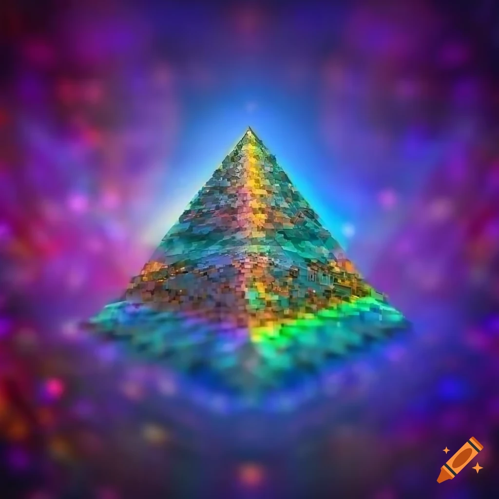 Fractal pyramid made of rainbow laser crystals with outer space gemstones backdrop