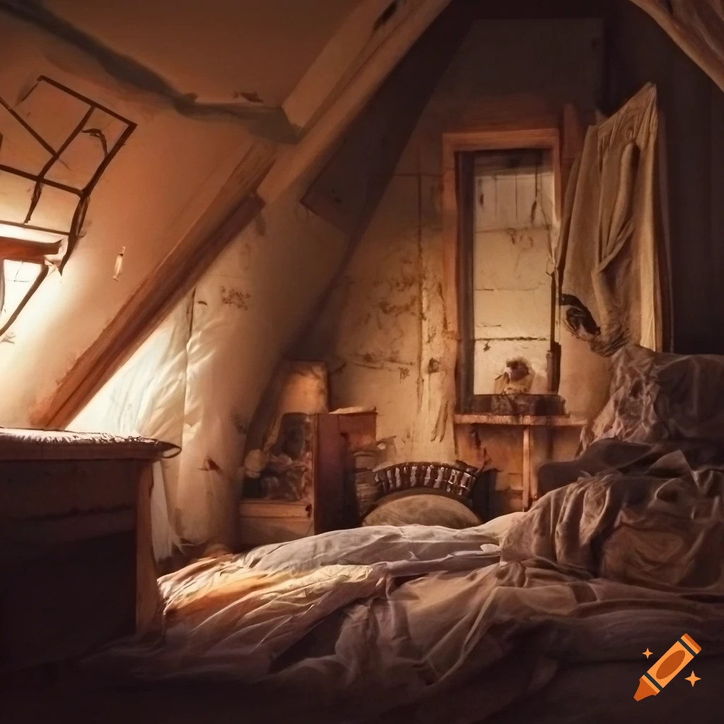 Old attic bedroom with distressed family blanket on bed and cracked window