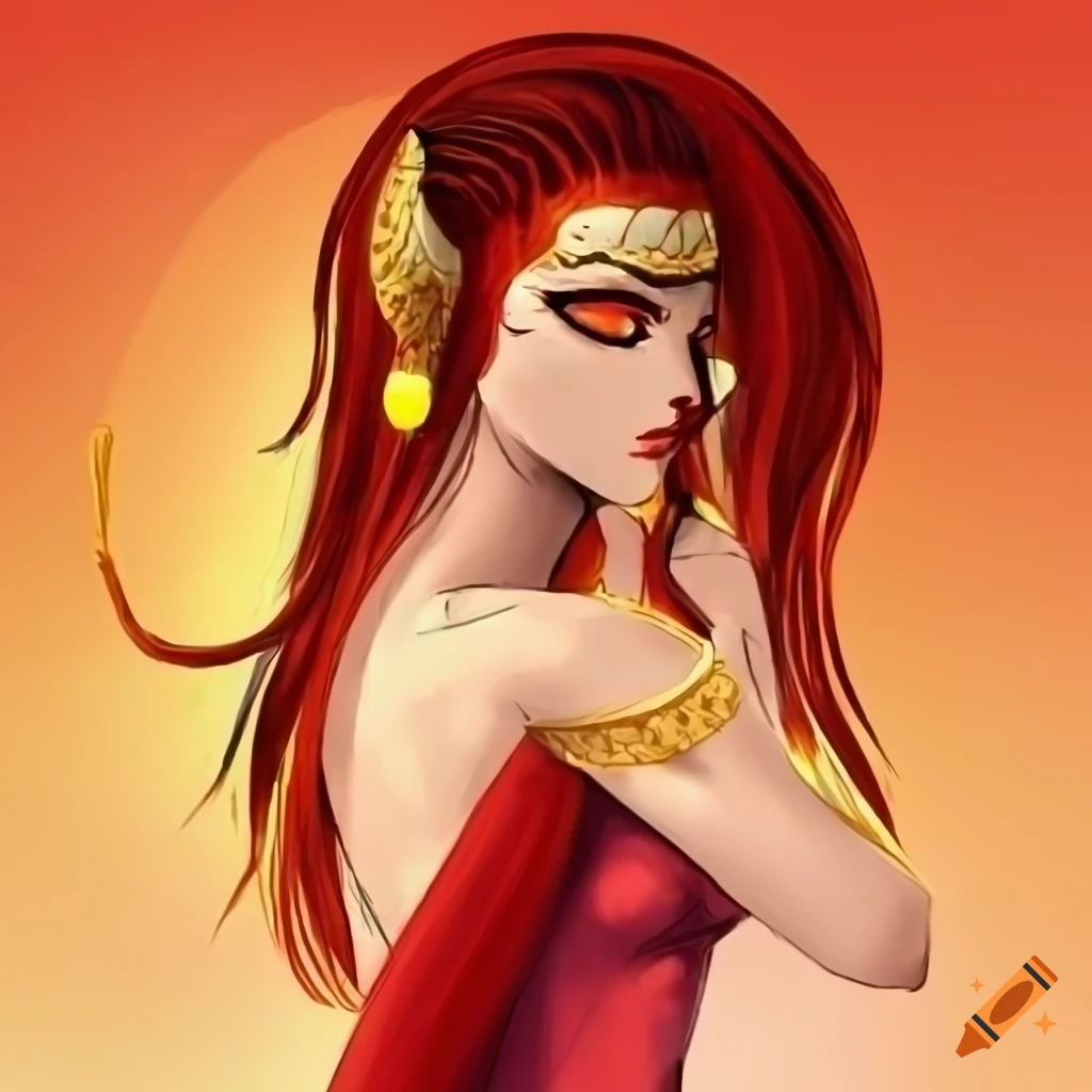 Din, goddess of power with orange eyes and a long red ponytail, wearing a pink athletic dress and gold rings
