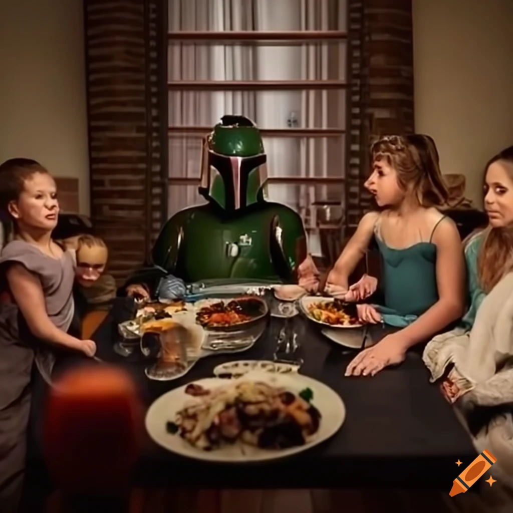 Boba Fett enjoying dinner with his family at home
