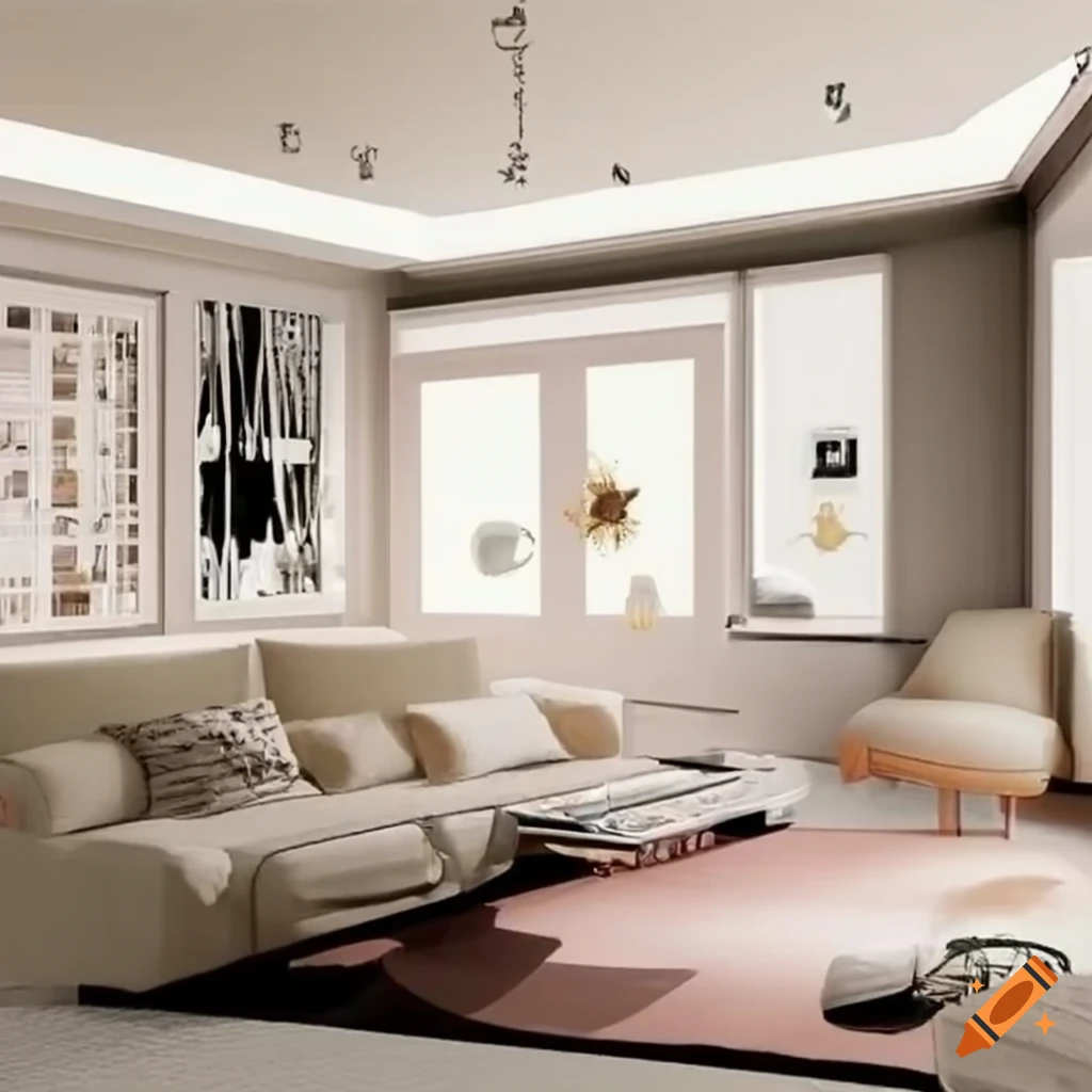 Open-plan Y2K-style anime living room with neutral colors on Craiyon