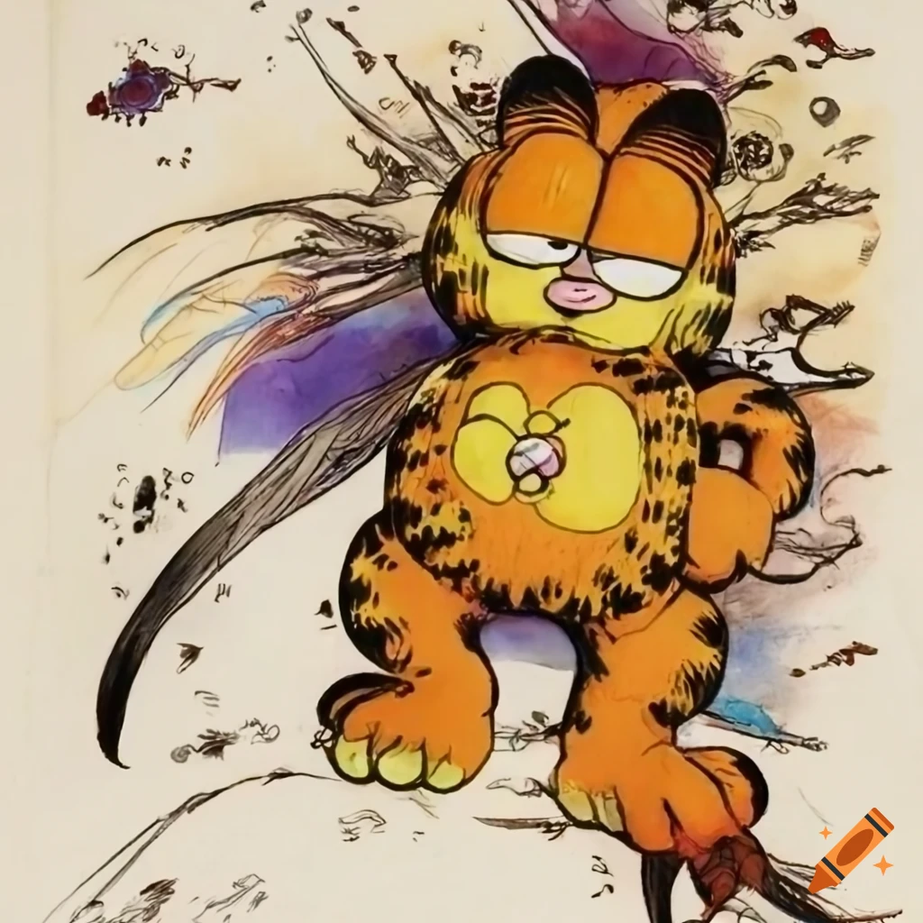 Garfield, final fantasy concept art by yoshitaka amano, ink and