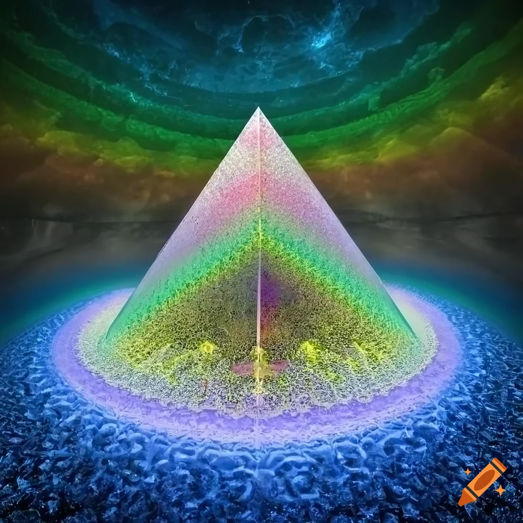 Fractal pyramid of rainbow laser crystal bricks in outer space