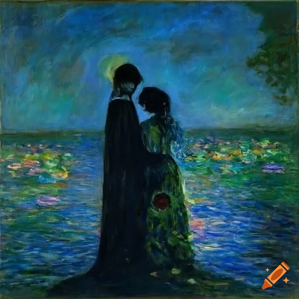 Nocturnal impressionistic painting of masked people hugging by a lake with color palette reminiscent of Monet