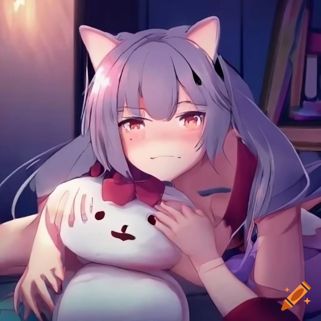 Catgirl snuggling with plushie while watching anime