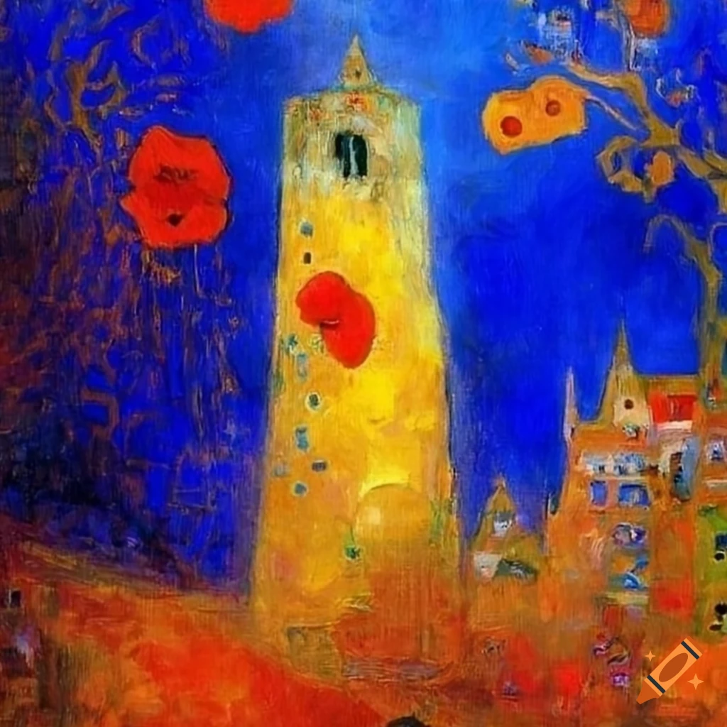 Abstract artwork featuring squares in blue with elements of old towers and poppies