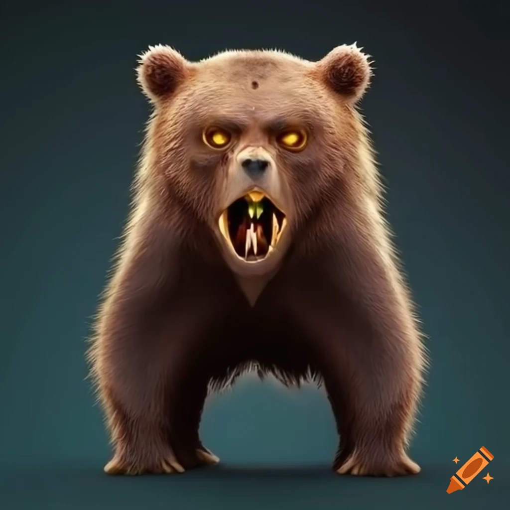 Realistic brown bear-like creature with sharp teeth and glowing white eyes
