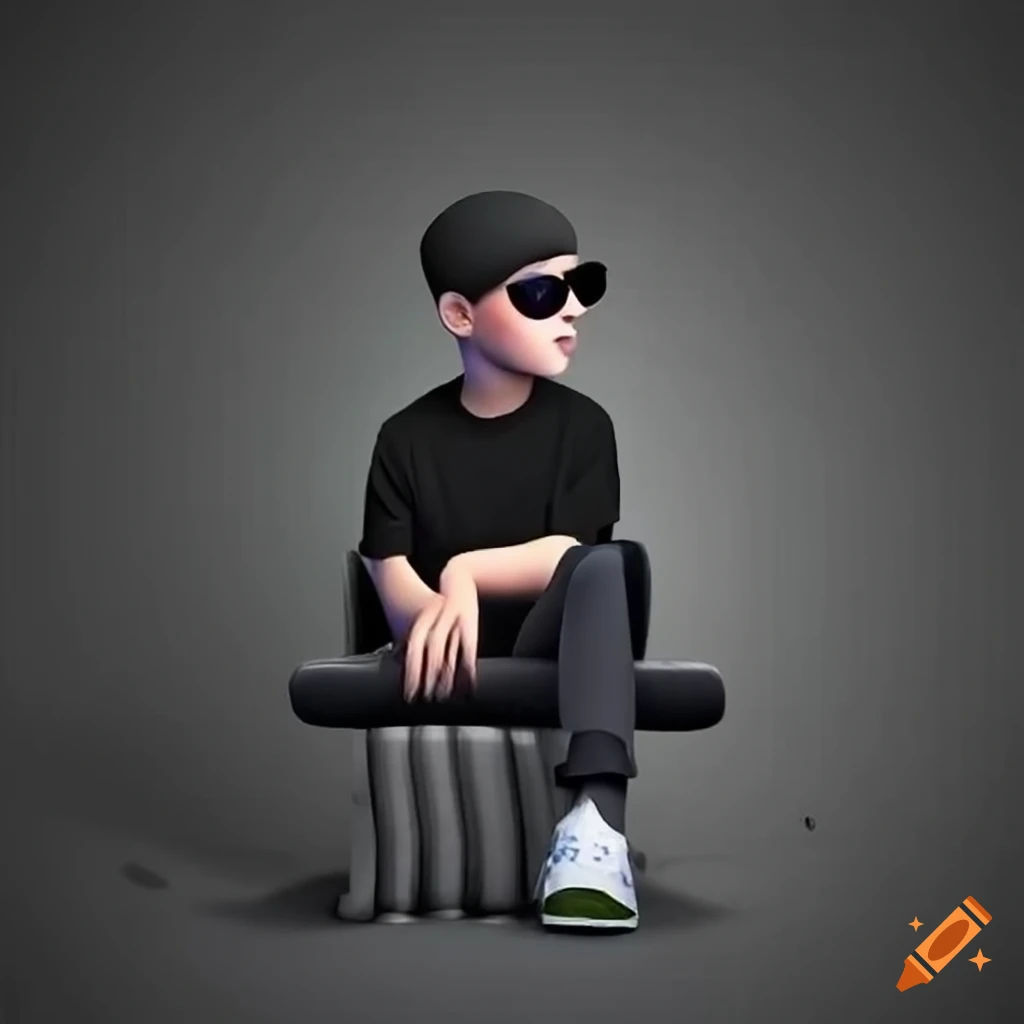 3D illusion of a boy in a black shirt sitting on a Wingback Chair with sneakers, cricket cap, and sunglasses