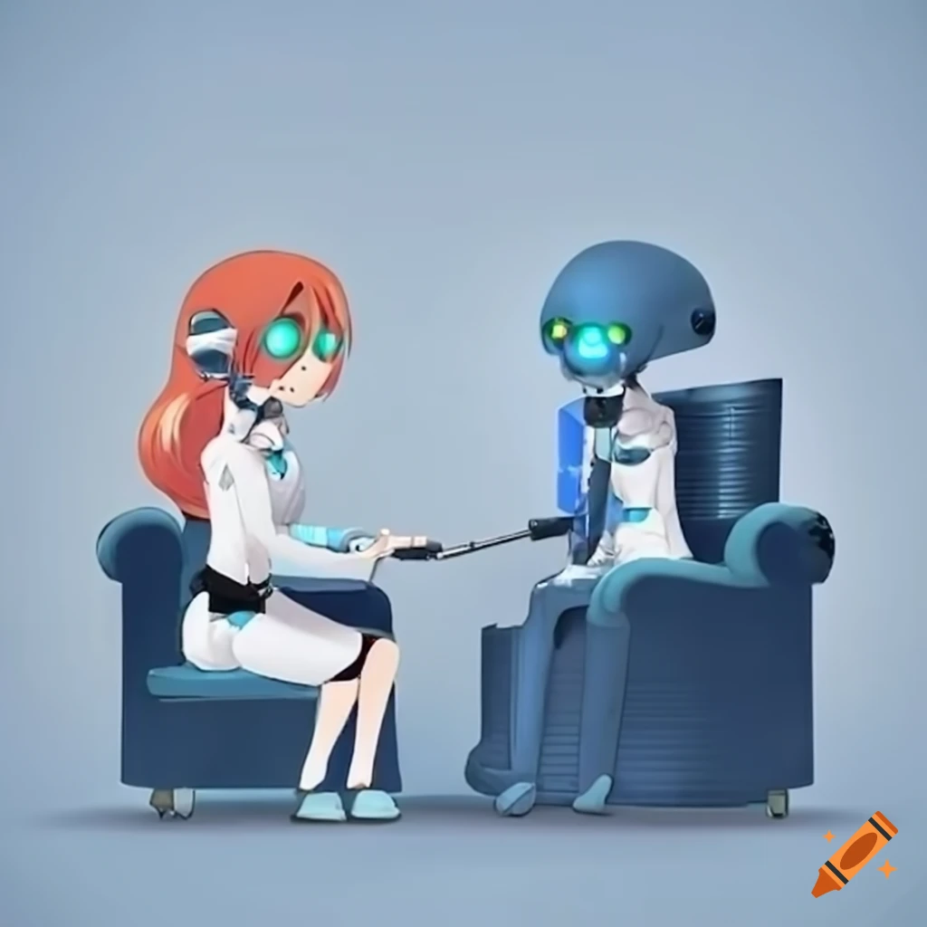 Human and robot therapist having a consultation in a psychiatrist's office