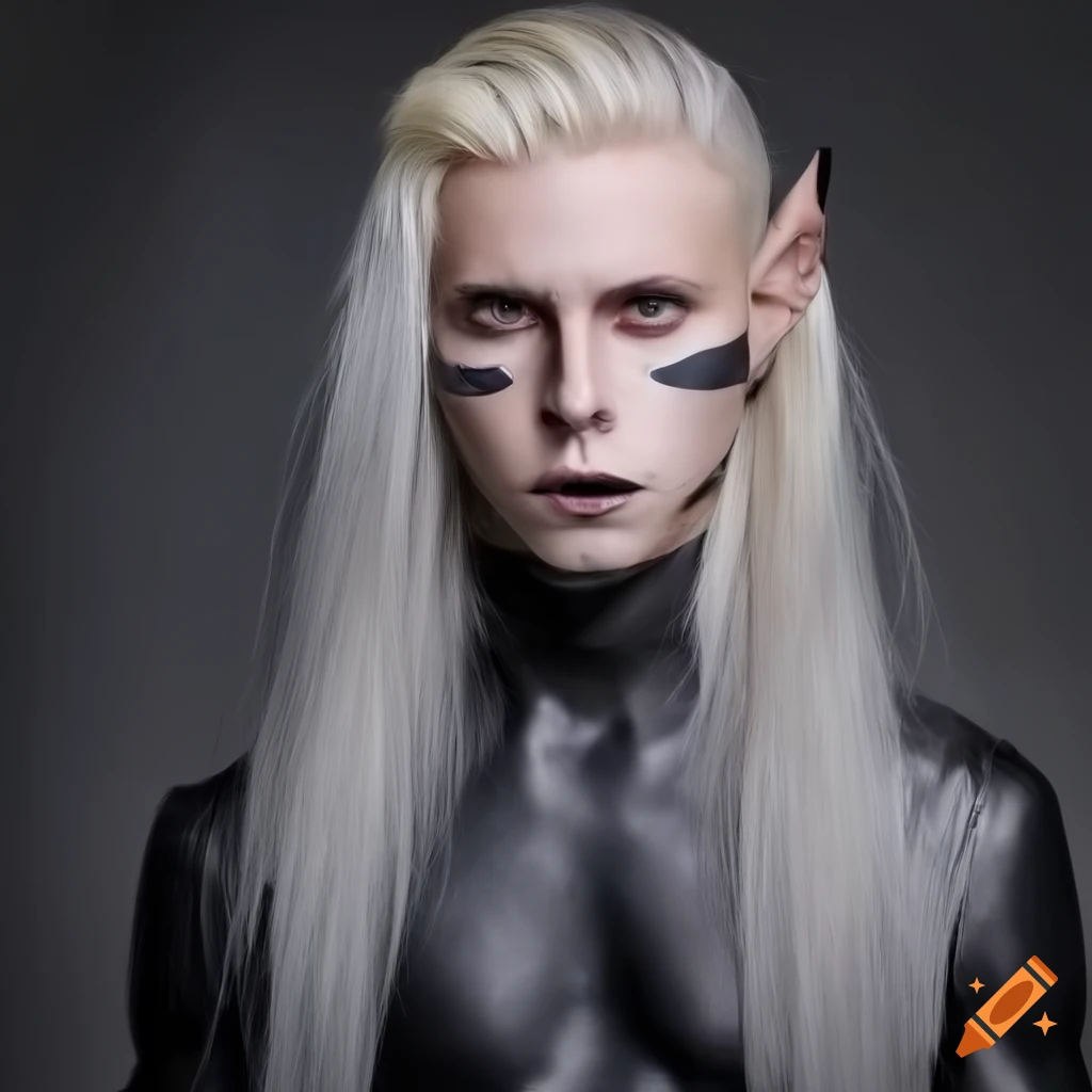 Pale male elf in black leather bodysuit and thigh high spiked boots on ...