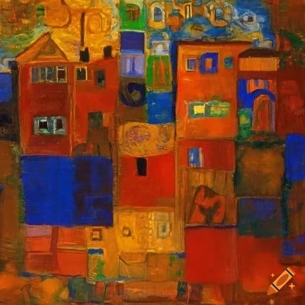 Abstract squares in blue with elements of Victor Nizovtsev and Klimt, graphic representation of Odilon Redon poppies in yellow and orange