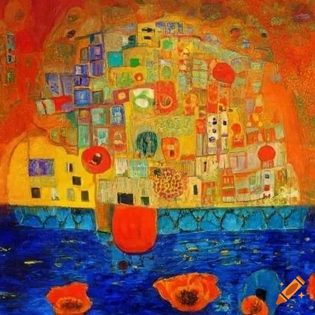 Abstract squares in blue with graphic poppies in yellow and orange