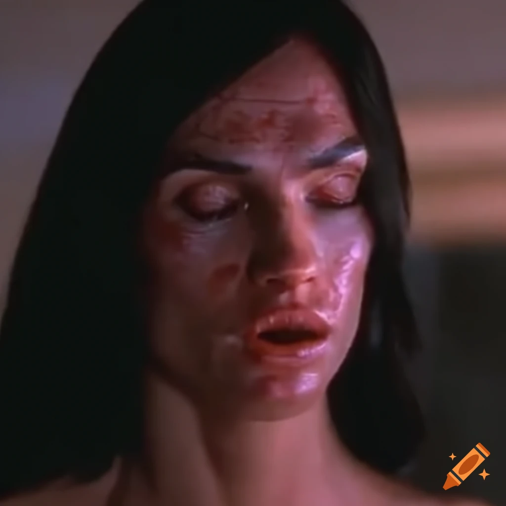 Bruised woman fighter with closed eyes and raised eyebrows in a 90s movie fight scene