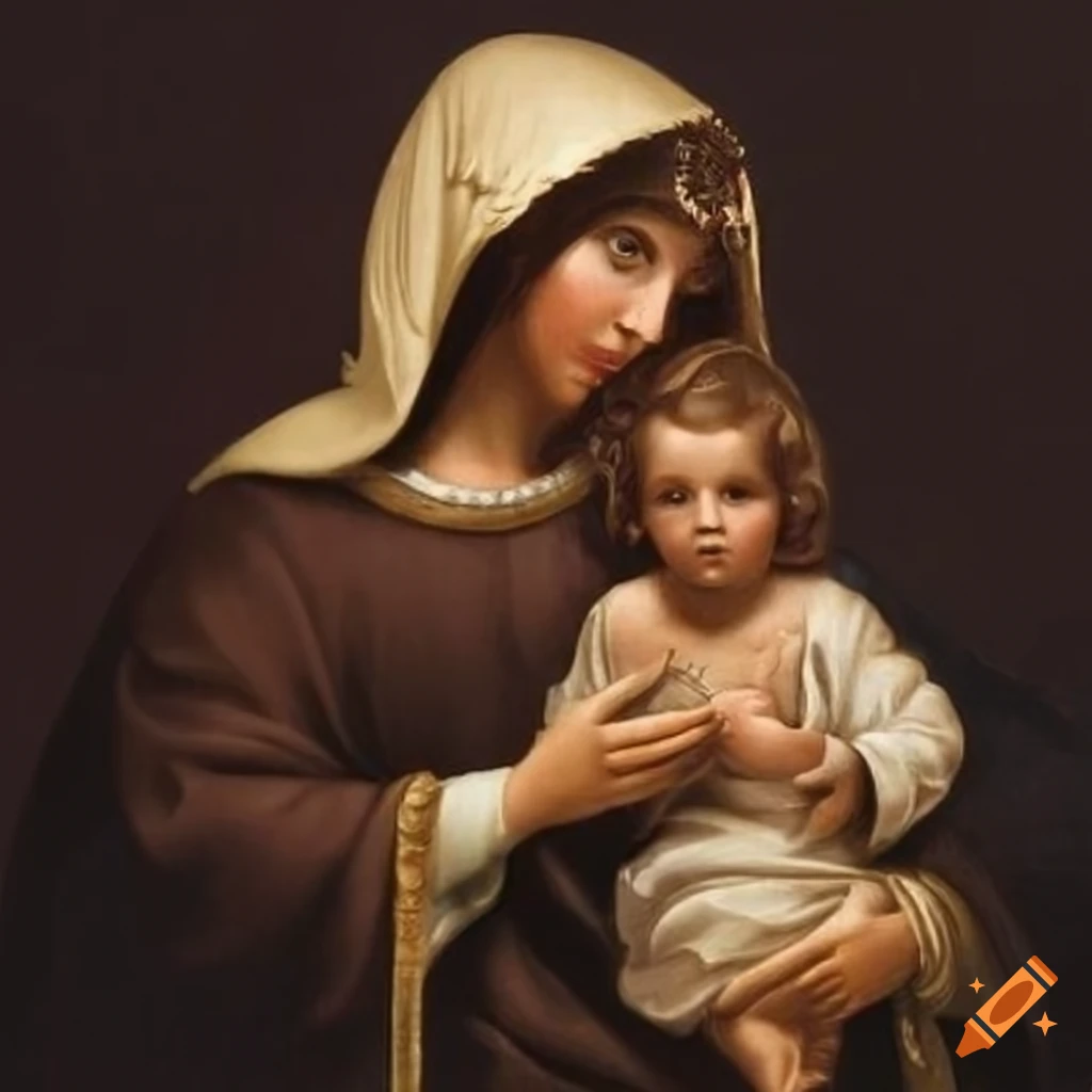 Mother Mary holding Baby Jesus in a brown robe and ivory cloak