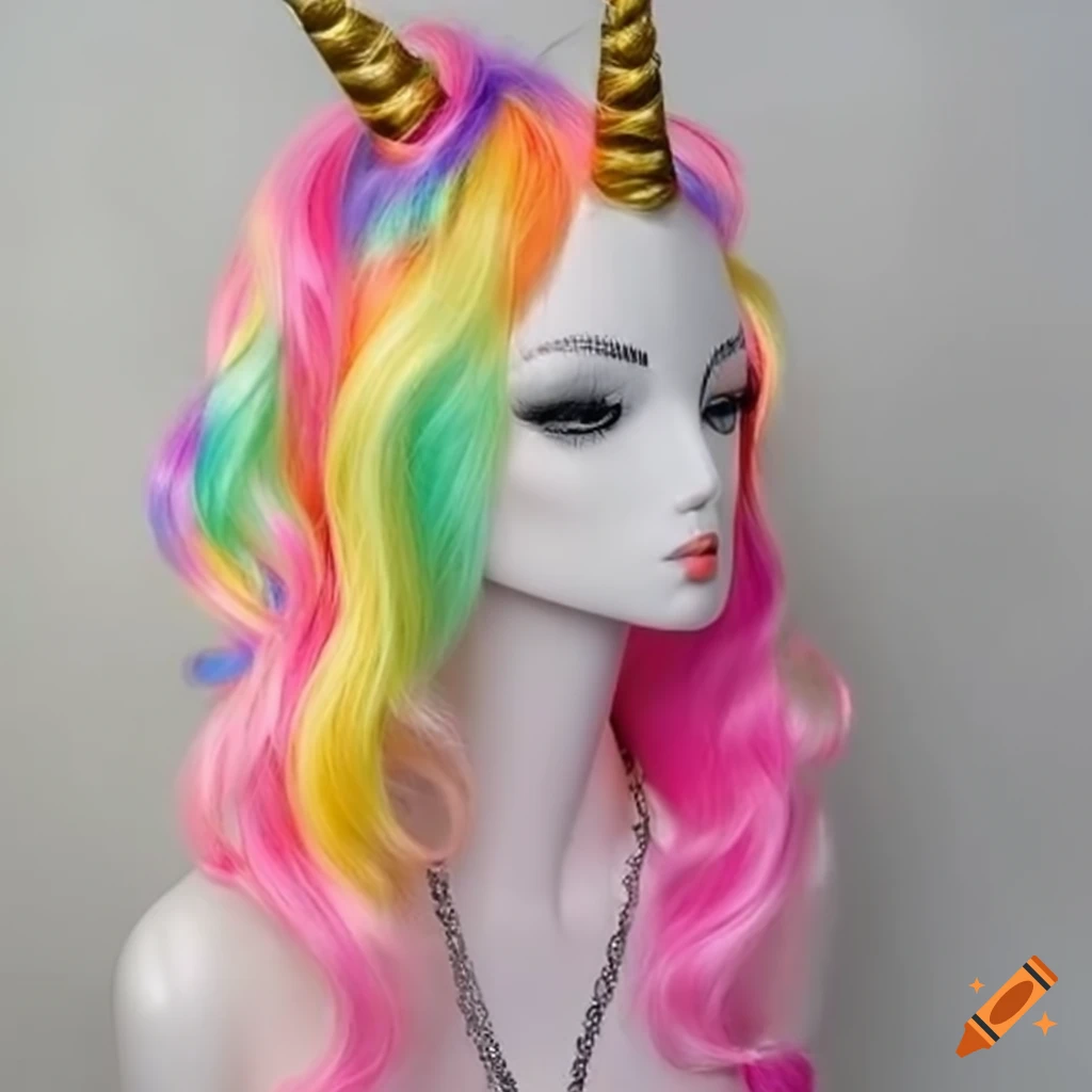 Colorful unicorn ponytail wig on a mannequin