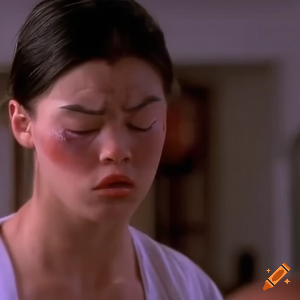 90s movie scene of a martial arts fighter with a bruised face and