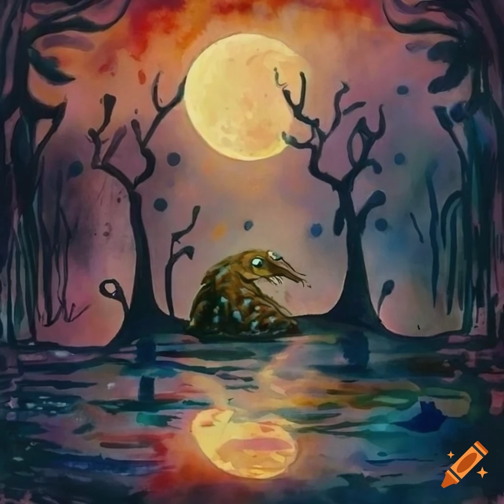 Bunyip gliding through a moonlit swamp with shimmering reflections on the water's surface