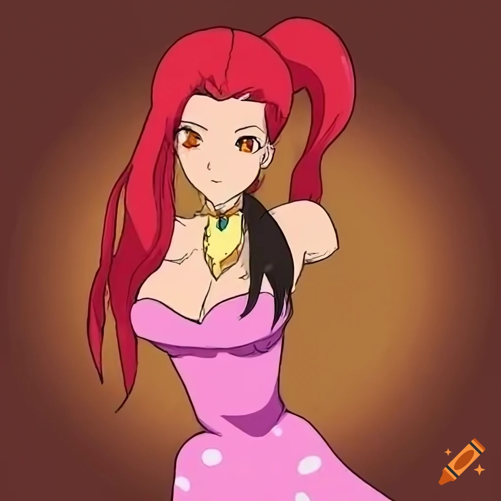 Din the goddess of power with orange eyes and red ponytail in athletic dress and gold rings