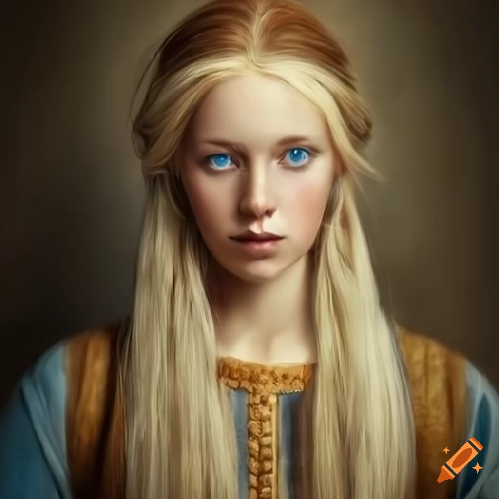 Portrait of woman in nordic ancient culture style with blonde hair and ...